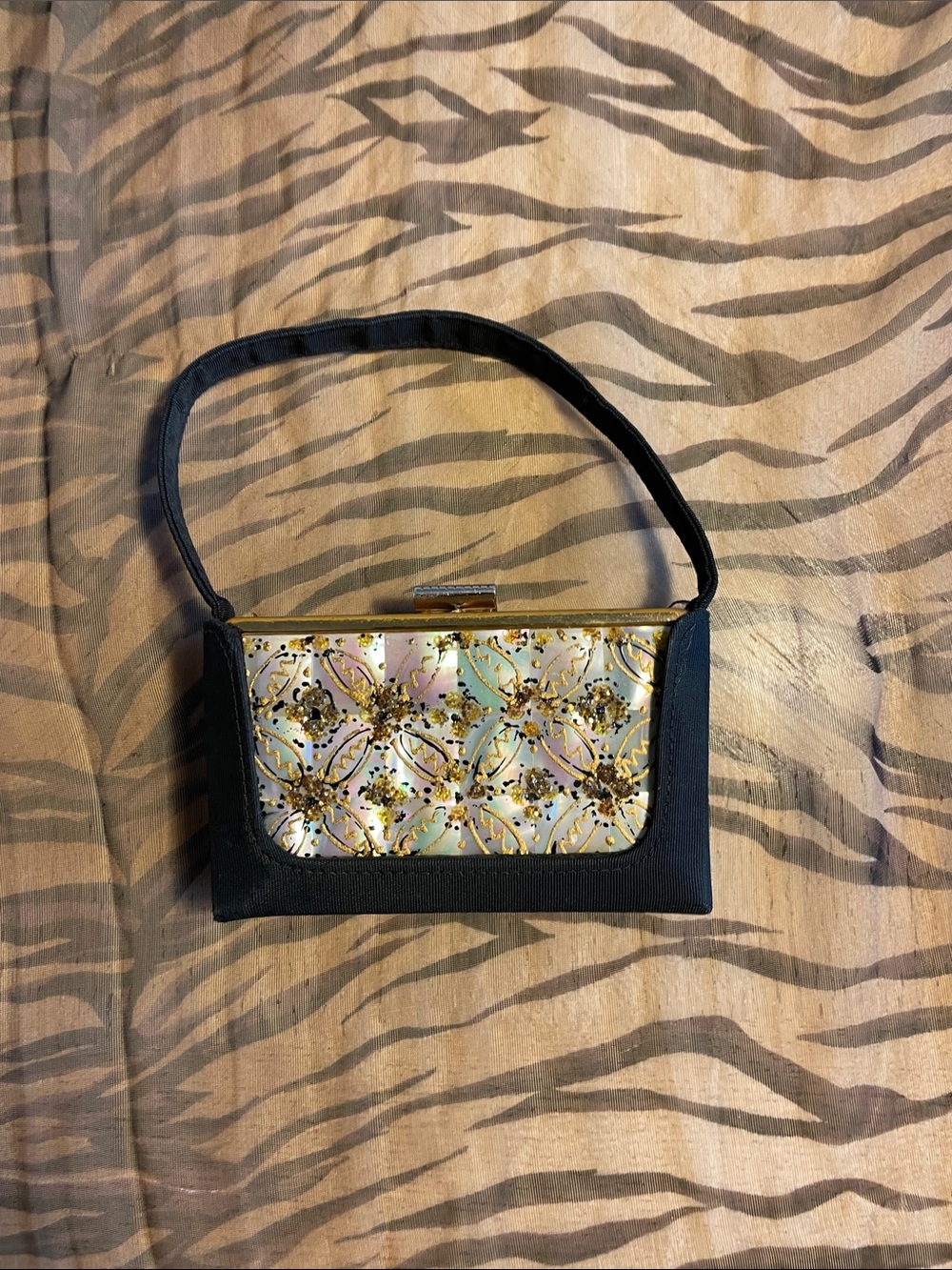Vintage Black Wristlet Clutch with Iridescent Floral Front
